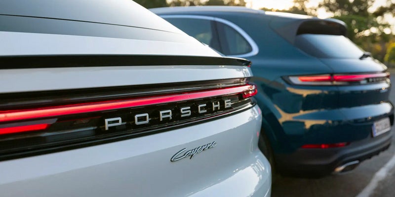 Rear view of two parked Porsche SUVs, a white Cayenne in the foreground and a blue one behind it.