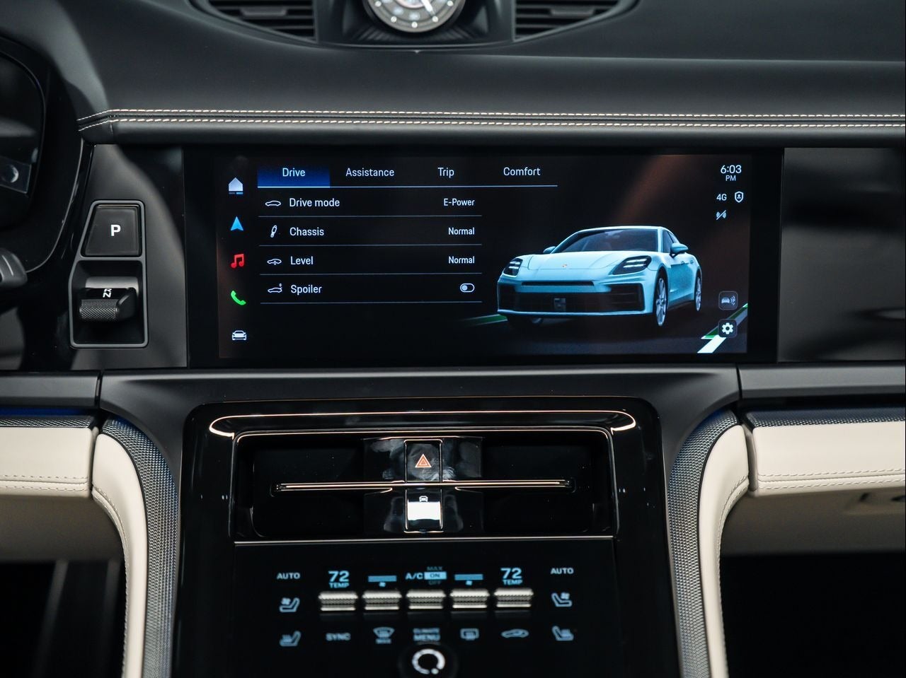 Car's infotainment screen showing vehicle settings with a blue sports car image and climate control buttons below.