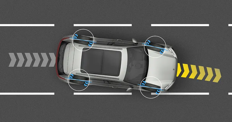 Technical graphic showing the effect of rear-axle steering when driving