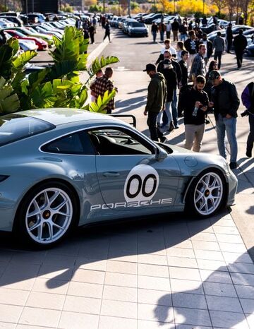 A gray Porsche with a white '00' display sits in a parking lot crowded with people.