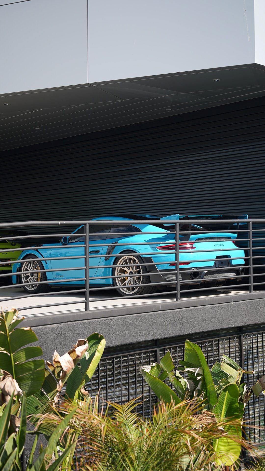 Bright blue Porsche GT2RS parked in an outdoor garage with palm leaves in the foreground.