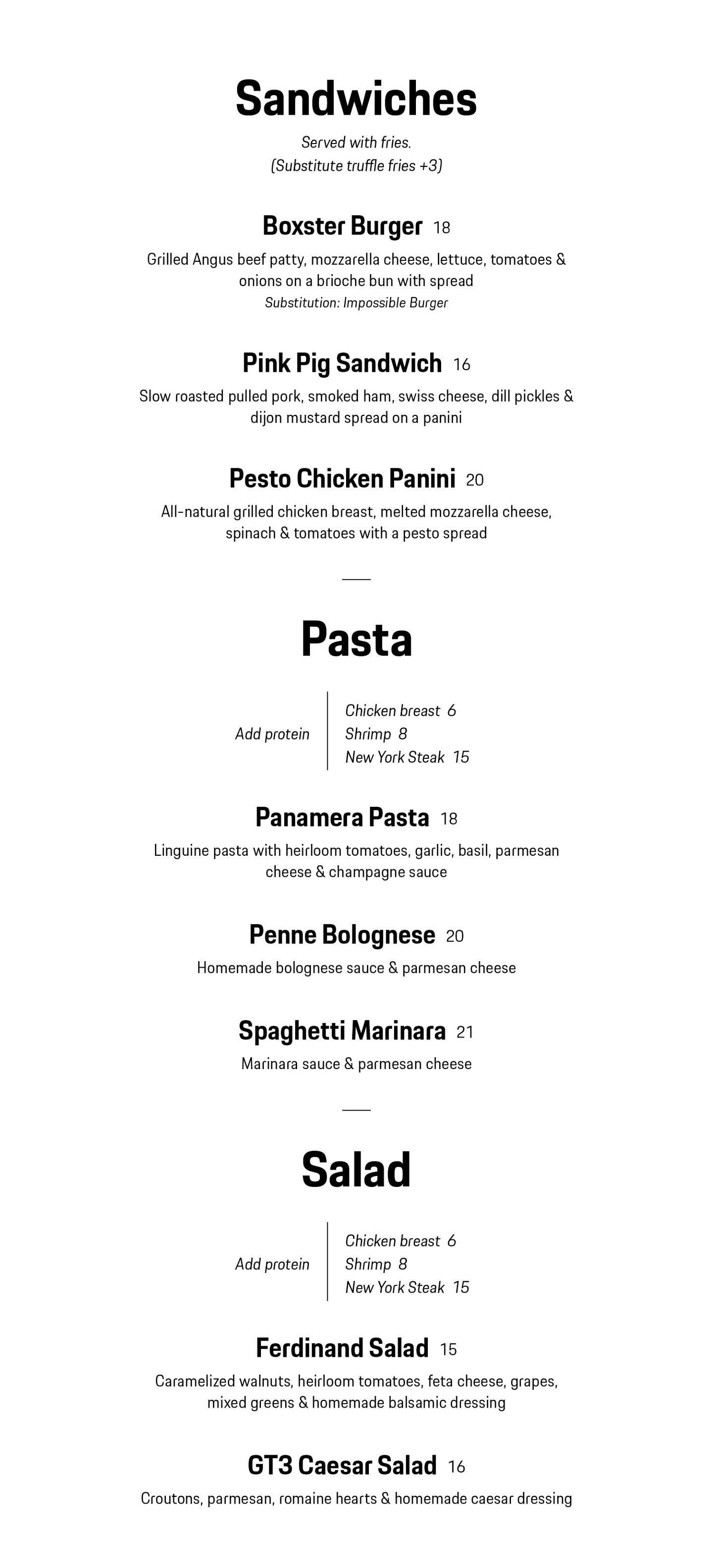 A black and white menu listing sandwiches, pasta, and salads with ingredients and prices.