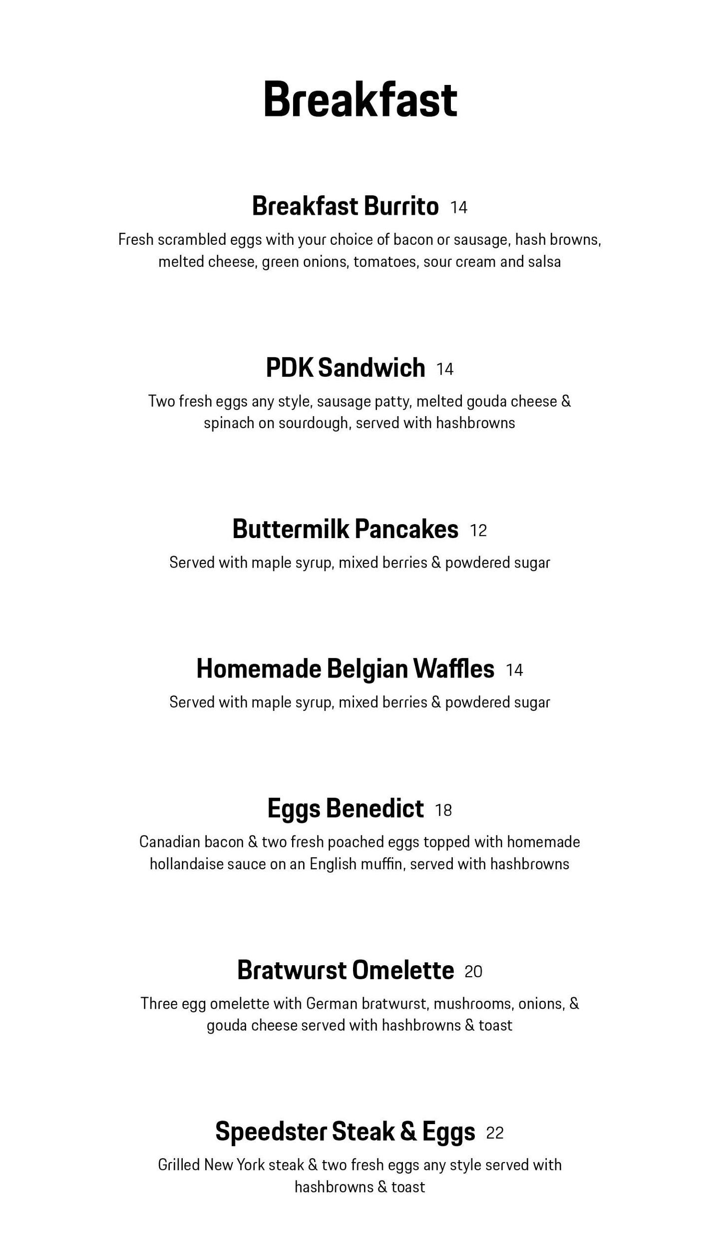 A breakfast menu with items like breakfast burrito, buttermilk pancakes, eggs benedict, and steak & eggs.